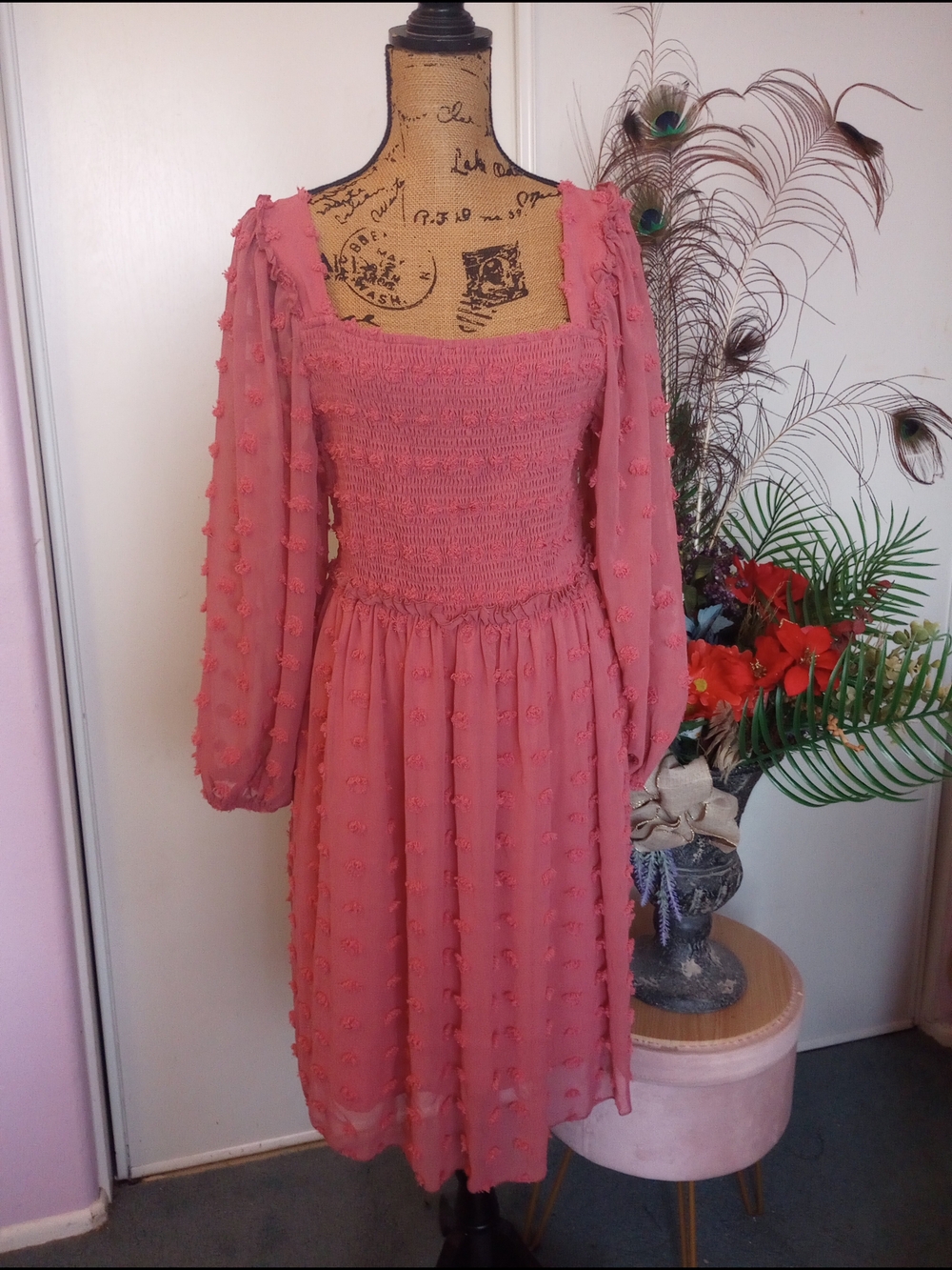 Smocked Pink Long-Sleeve Chiffon Midi Dress